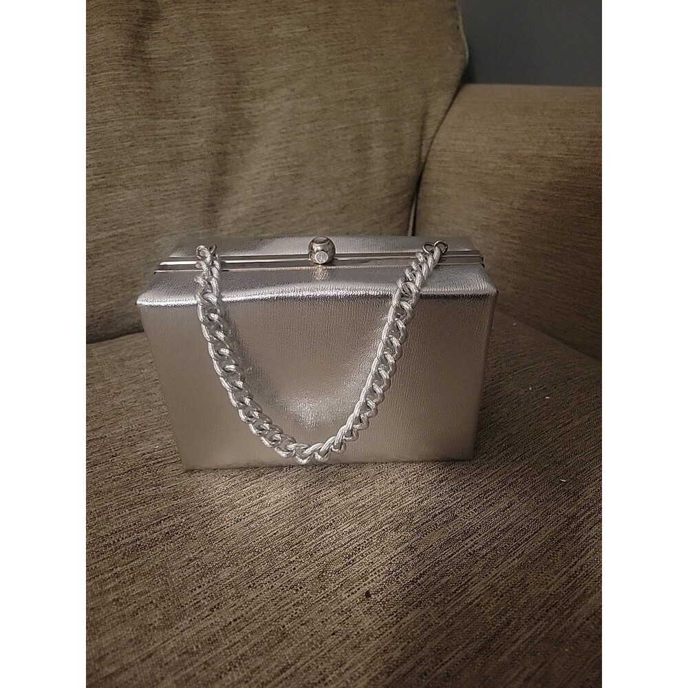 Vtg Silver Lame Box Purse Handbag Thick Chain Prom Formal Evening Gown Shiny